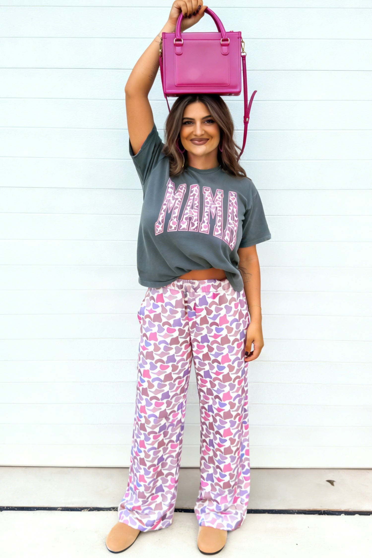 Medium Grey MAMA Letter Graphic Tee Camouflage Print Loose Pant Set 🇺🇸