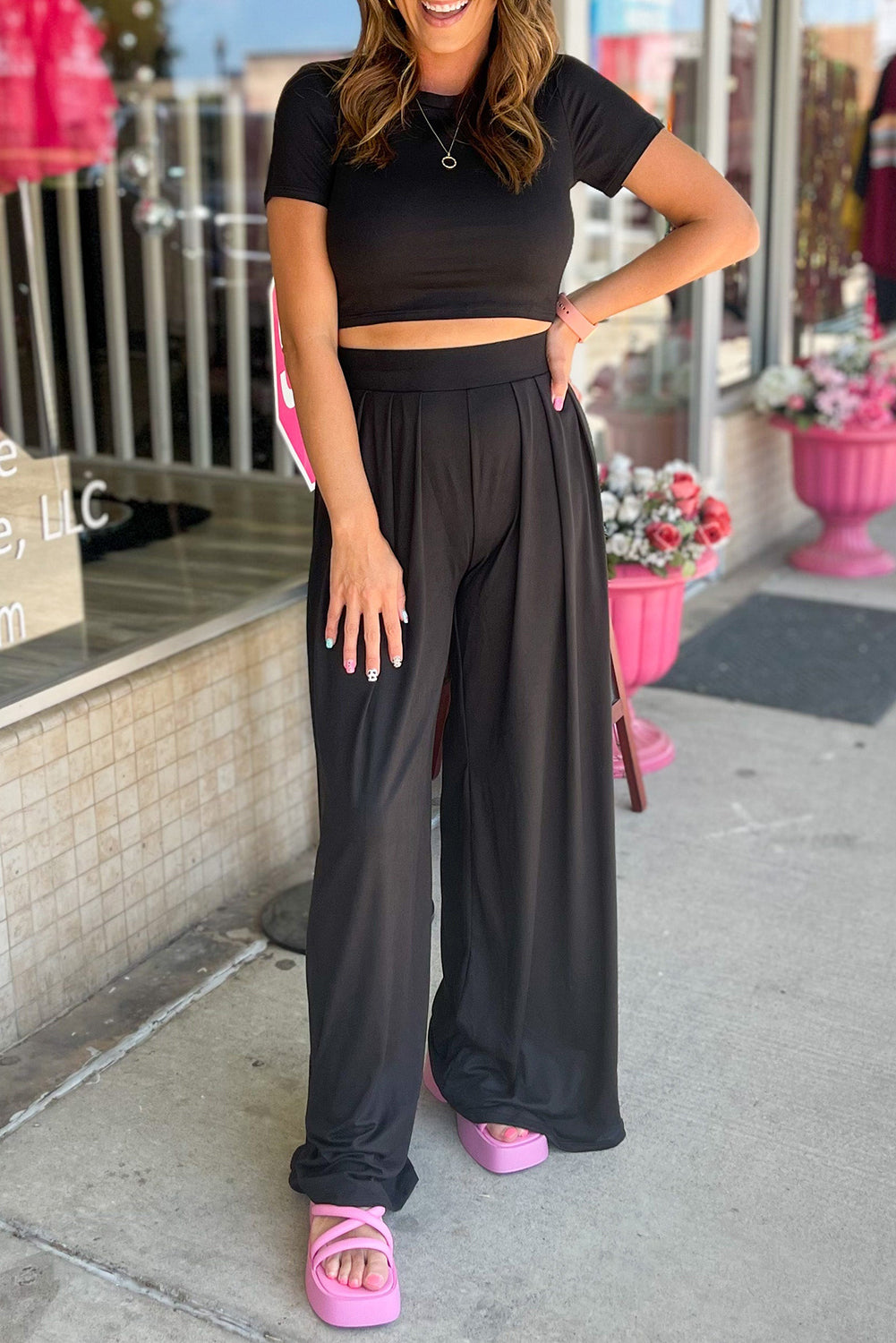 Black Slim Fit Crop Top and Pleated Wide Leg Pants Set 🇨🇳