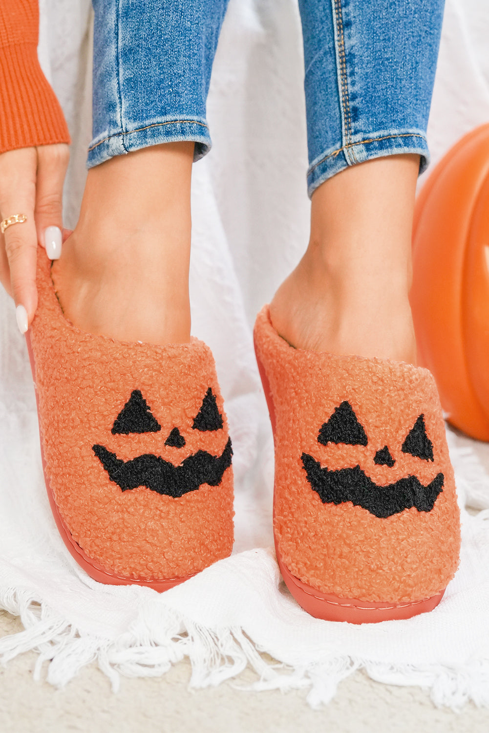 Orange Halloween Pumpkin Face Graphic Plush Slippers 🇺🇸