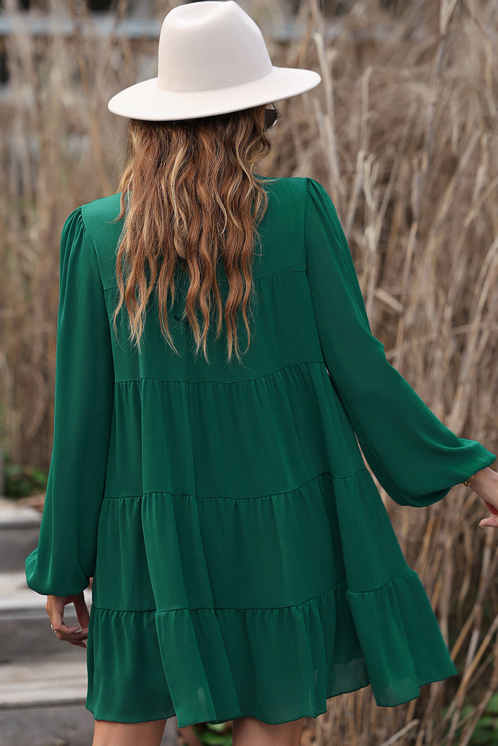 Green Puff Sleeve Mock Neck Back Knot Tiered Dress 🇺🇸