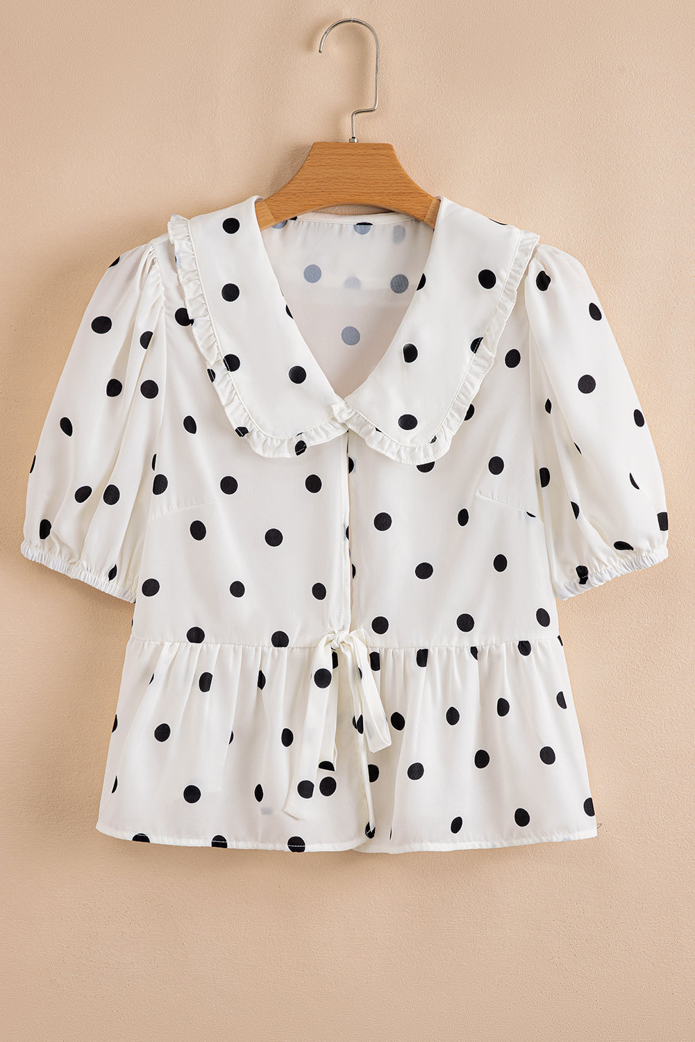 White Polka Dot Collared Lace up Font Puff Sleeve Peplum Top 🇨🇳
