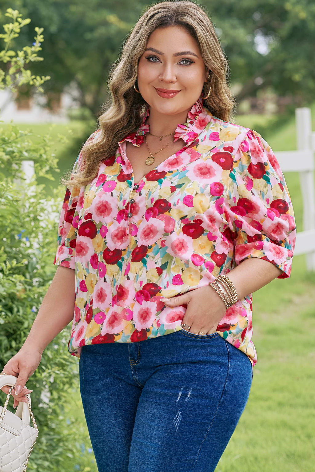 Pink Plus Size Flower Print Split V Neck Puff Short Sleeve Top 🇺🇸