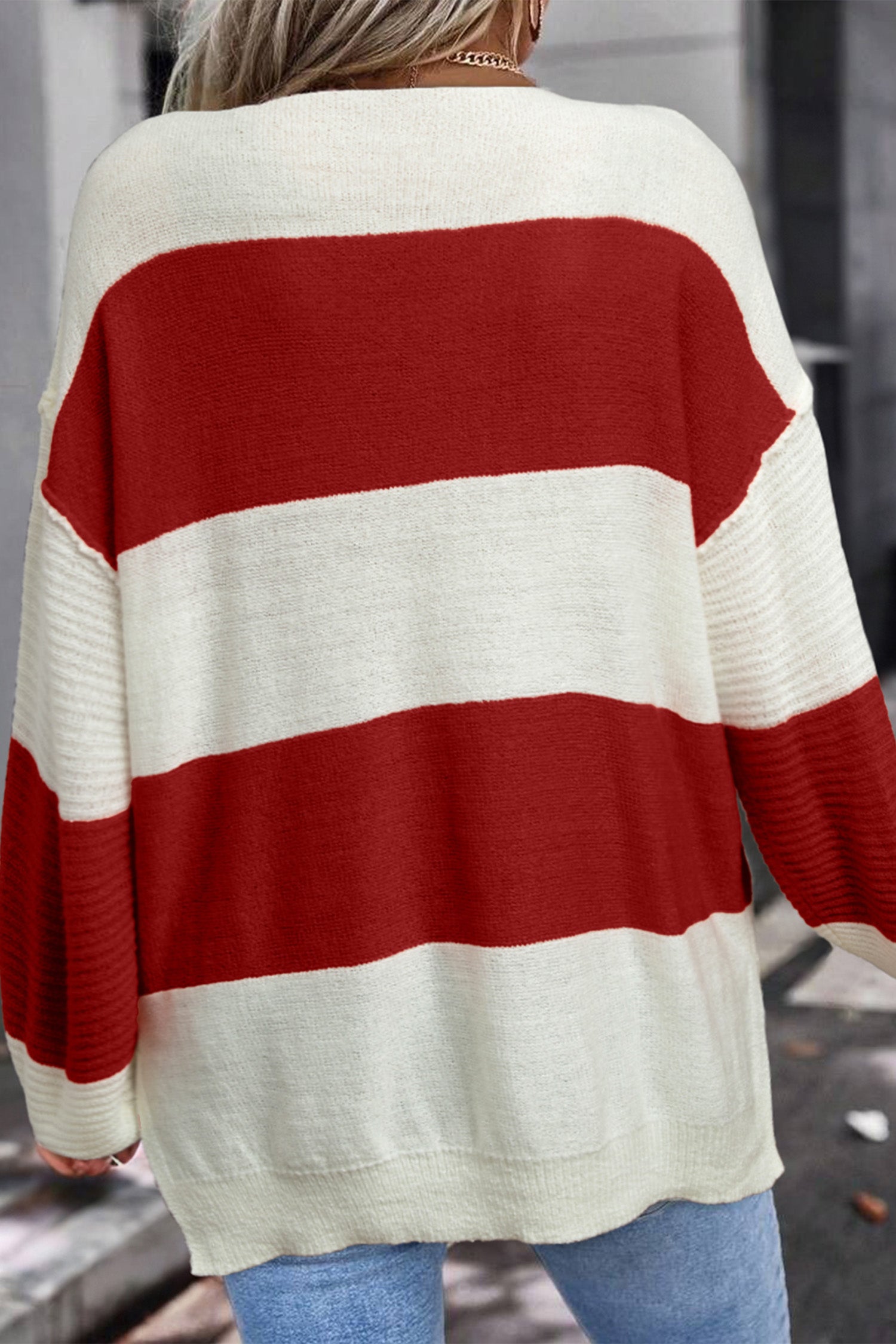 Red Stripe Loose Color Block Drop Shoulder Bubble Sleeve Sweater 🇺🇸