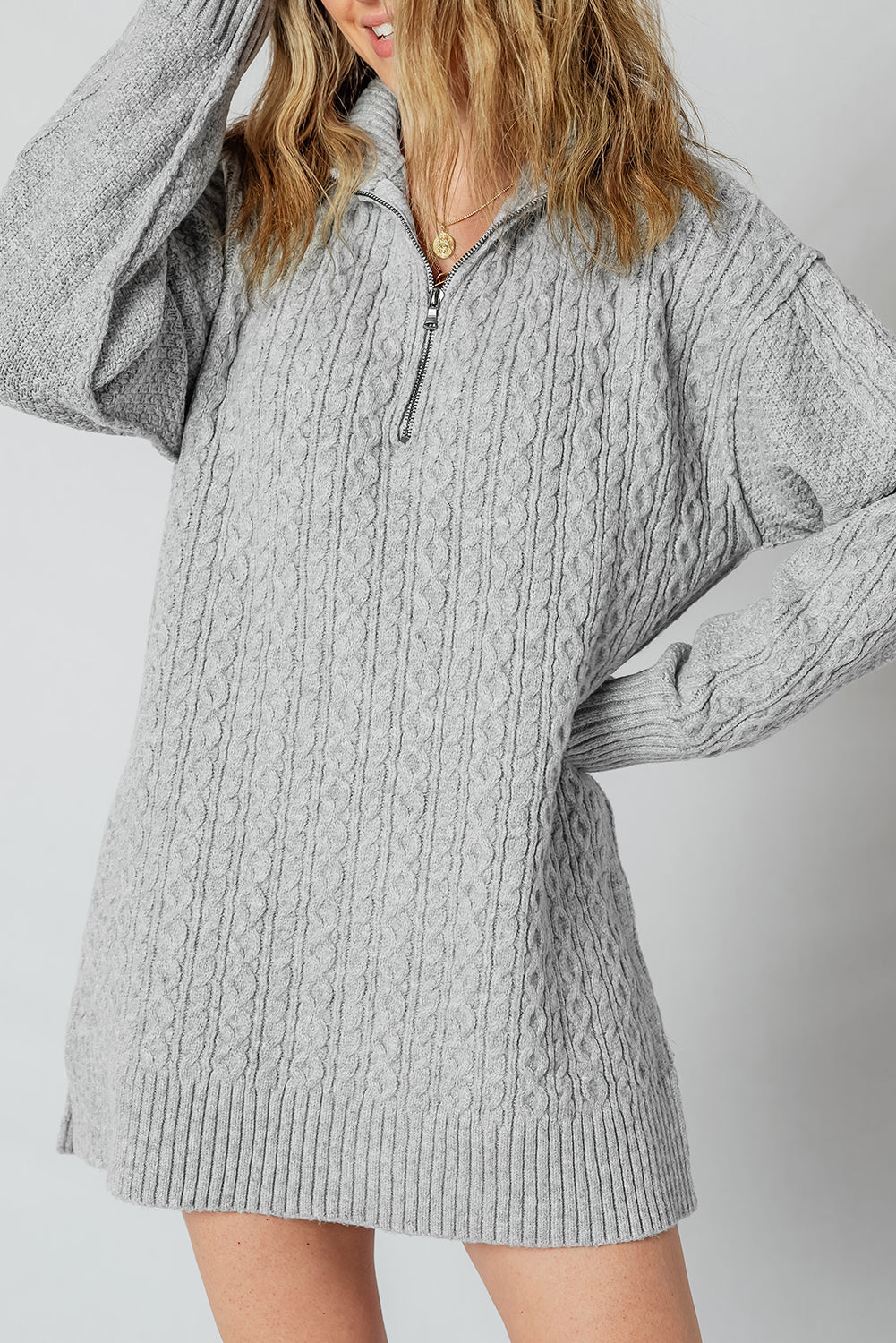 High Cable Knit Quarter Zip Ribbed Trim Loose Sweater Dress 🇺🇸