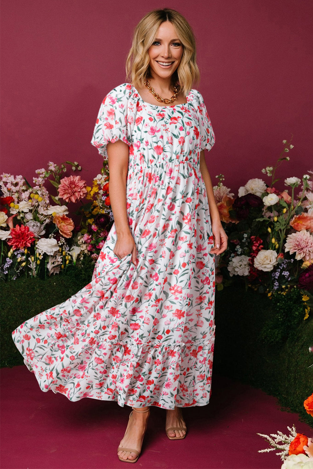 Pink Floral Puff Sleeve Square Neck Empire Waist Tiered Maxi Dress 🇨🇳