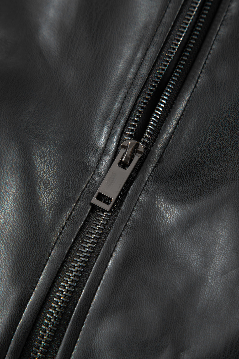 Black Double Flap Pocket Faux Leather Zip Up Stand Neck Vest 🇺🇸