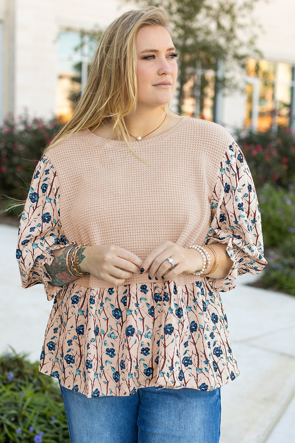 Beige Faux Two Piece Knit Patchwork Floral Print Plus Size Top 🇨🇳