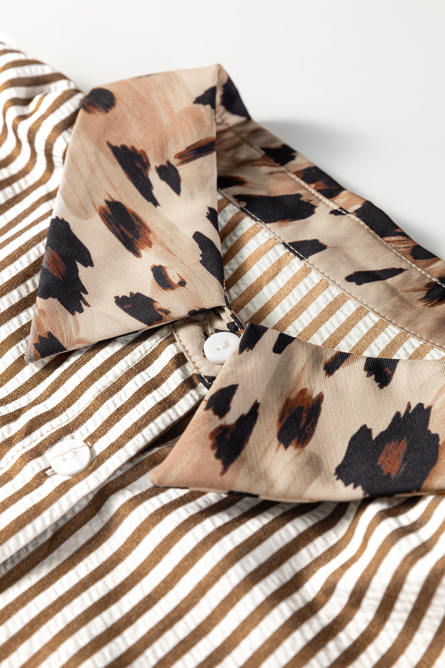 Brown Stripe Leopard Patched Collared Chest Pocket Cuffed Long Sleeve Plus Size Shirt 🇺🇸