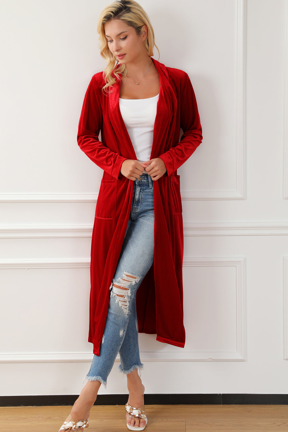 Fiery Red Velvet Open Front Pocketed Long Duster 🇨🇳