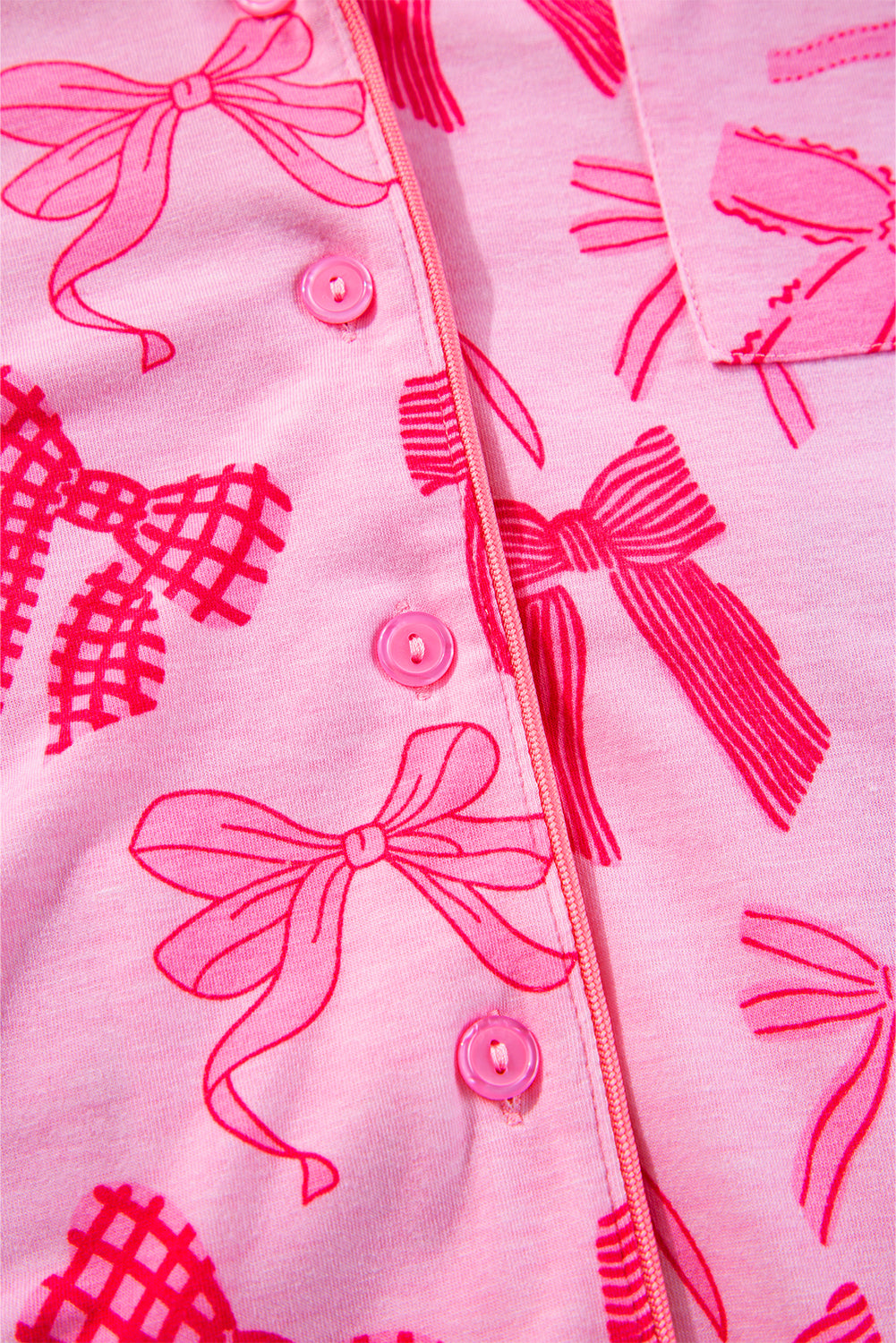 Pink Bow Knot Print Lapel Collar Short Sleeve and Pants Pajamas Set 🇺🇸