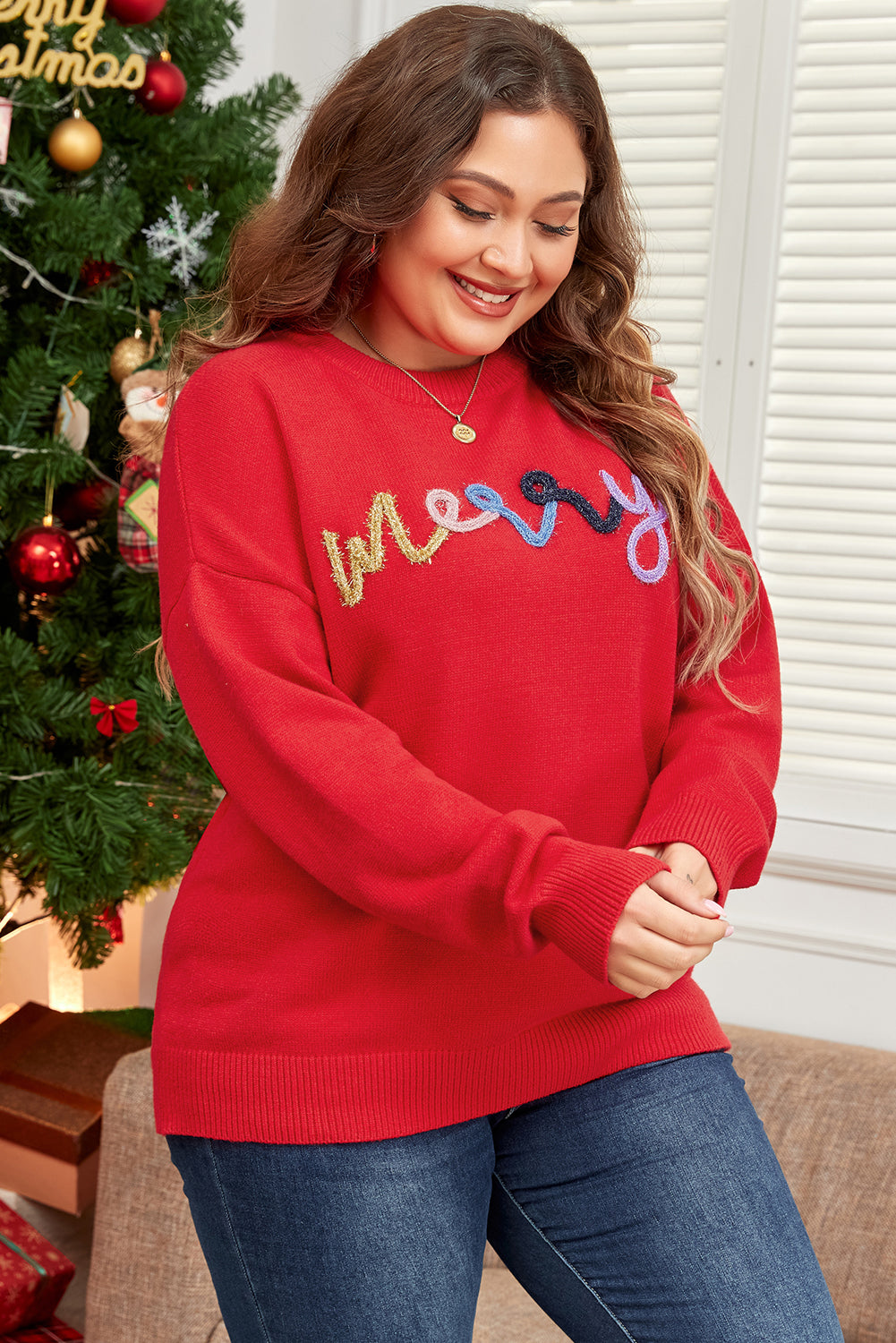 Fiery Red Tinsel merry Pattern Drop Shoulder Plus Size Sweater 🇺🇸