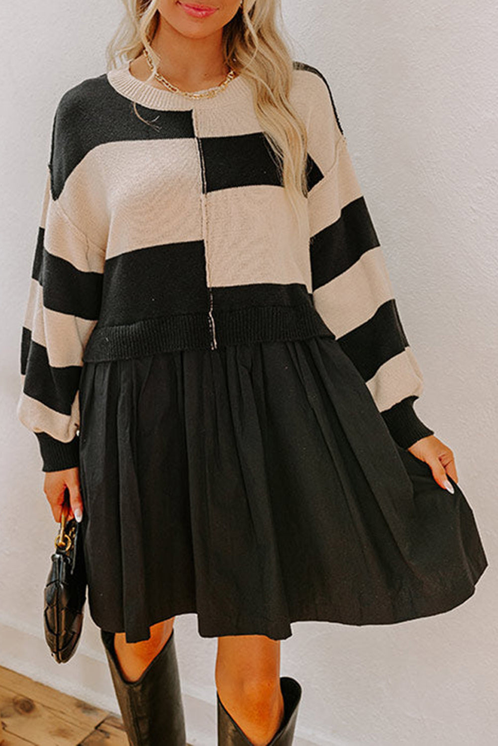 Black Stripe Two in One Knitted Top High Waist Splicing Hem Sweater Dress 🇺🇲