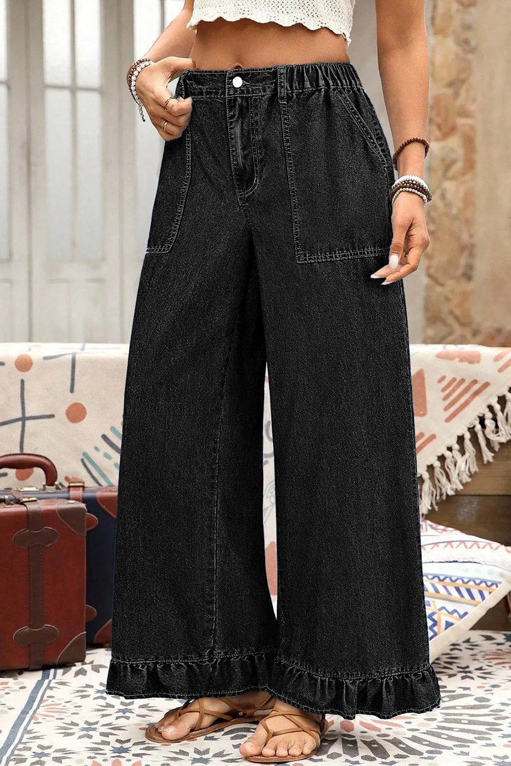 Black Plus Size Elastic Waist Ruffled Wide Leg Denim Pants 🇺🇸