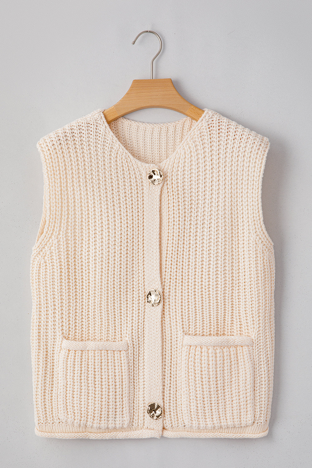 White Solid Textured Knit Side Pockets Buttoned Sweater Vest 🇺🇸