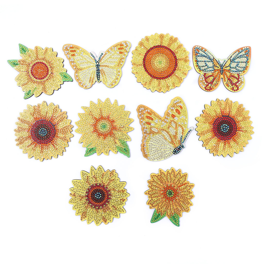 10 Pieces DIY Crystal Glitter Diamond Painted Wooden Art Coaster With Stand Sunflower Style 🇨🇳