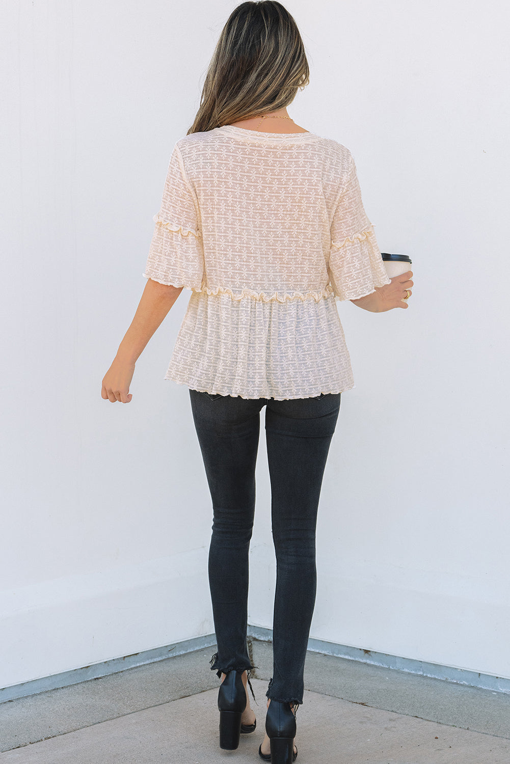 Beige Solid Color Textured Ruffled Short Sleeve Blouse 🇺🇸