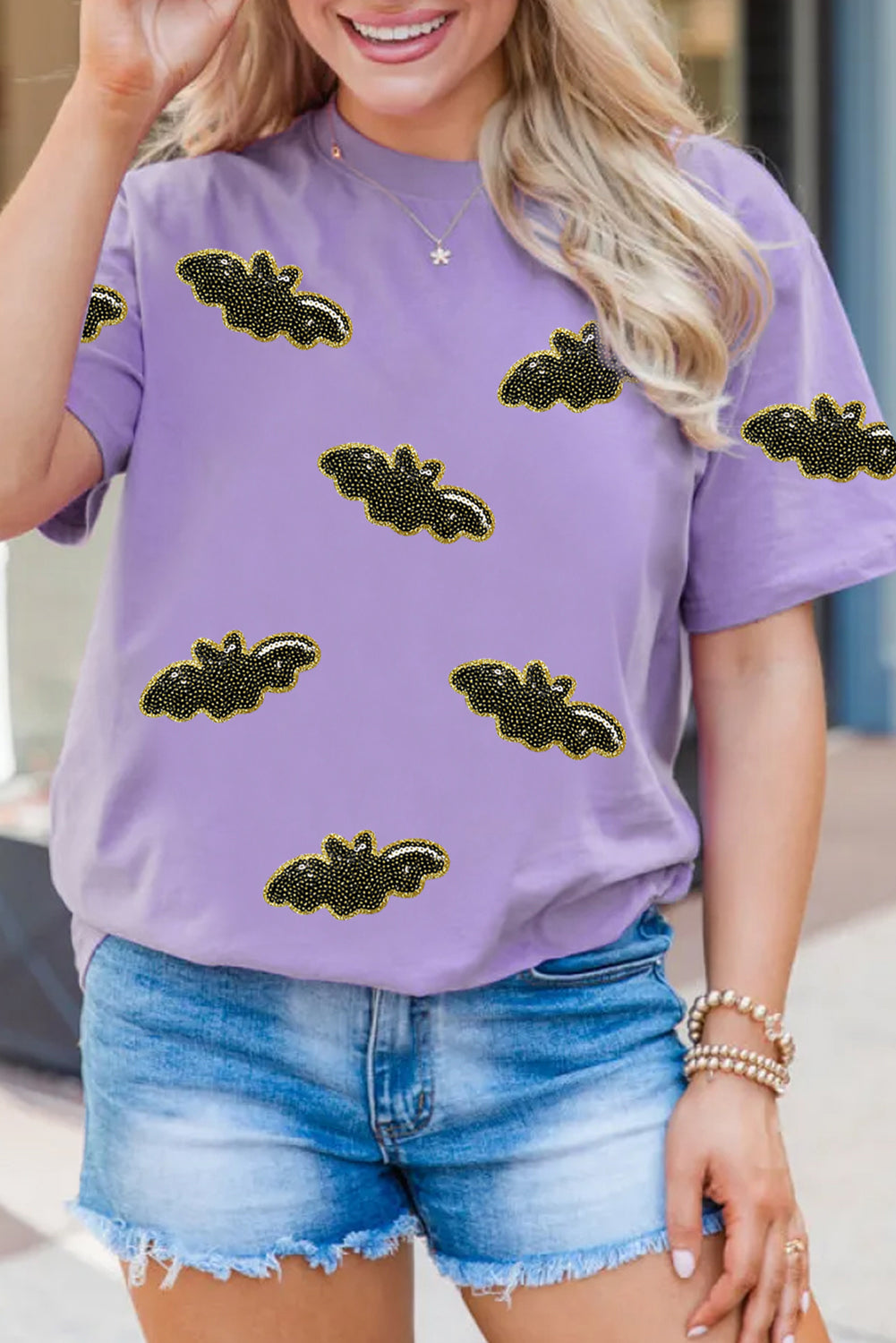 Wisteria Sequin Halloween Bat Patched Casual T Shirt 🇺🇸