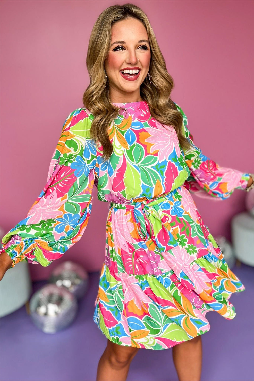Green Multicolor Botanical Bubble Sleeve Mini Dress 🇺🇸