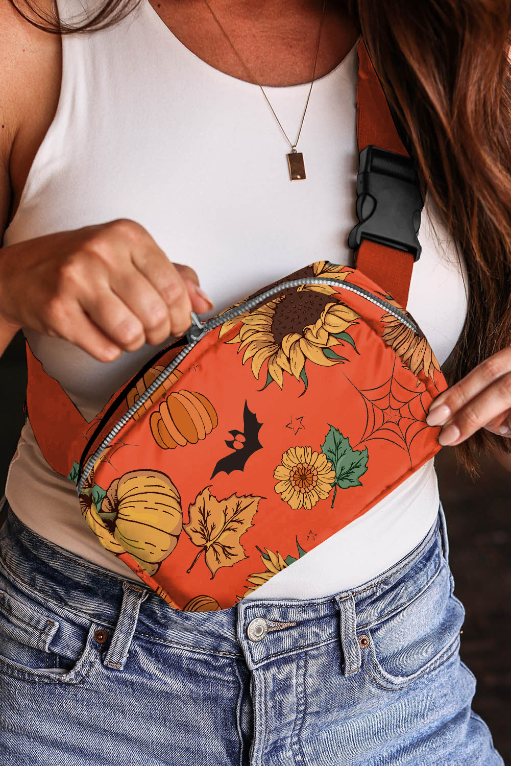 Orange Pumpkin Sunflower Halloween Graphic Crossbody Bag 🇺🇸