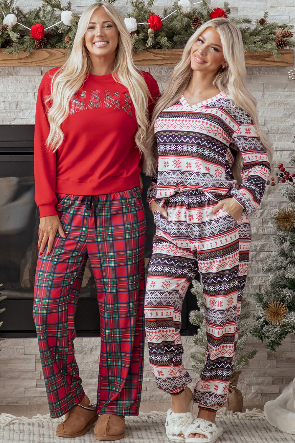 Red Plaid Mama Graphic Christmas Holiday Crewneck Pullover and Pants Two Piece Loungewear 🇺🇸