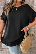 Black Solid Color Ruffle Trim Petal Sleeve Plus Size Tee 🇺🇸