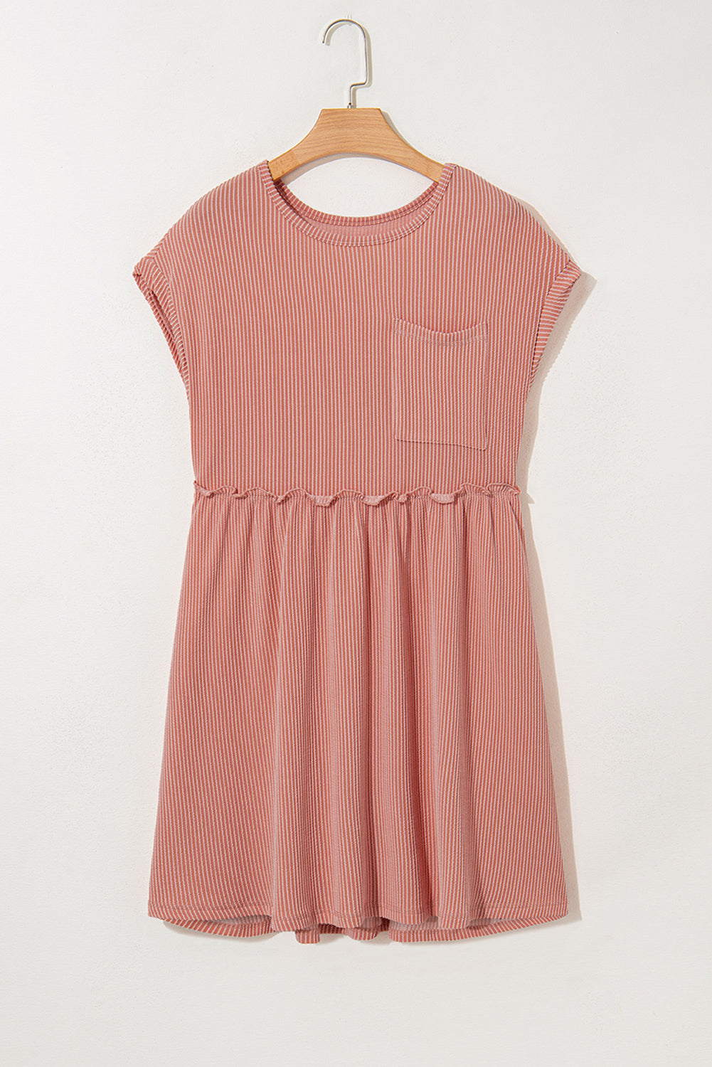 Dusty Pink Corded Knit Textured Patched Pocket Frilled Swing Mini Dress with Pockets 🇨🇳