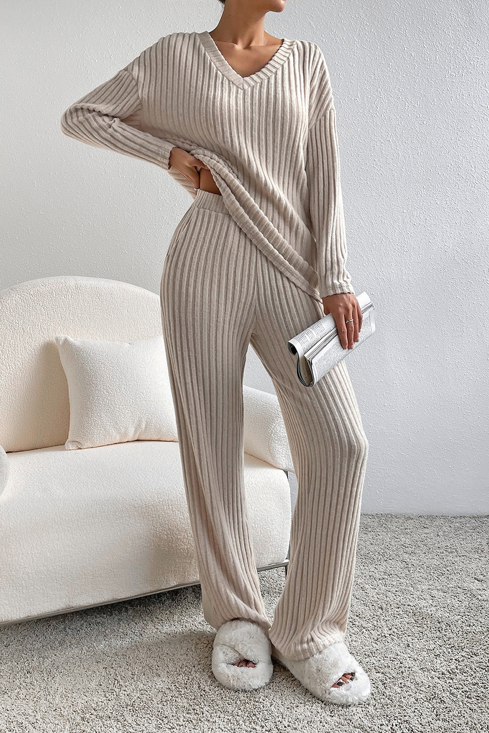 Khaki Ribbed Knit V Neck Slouchy Two-piece Outfit 🇨🇳