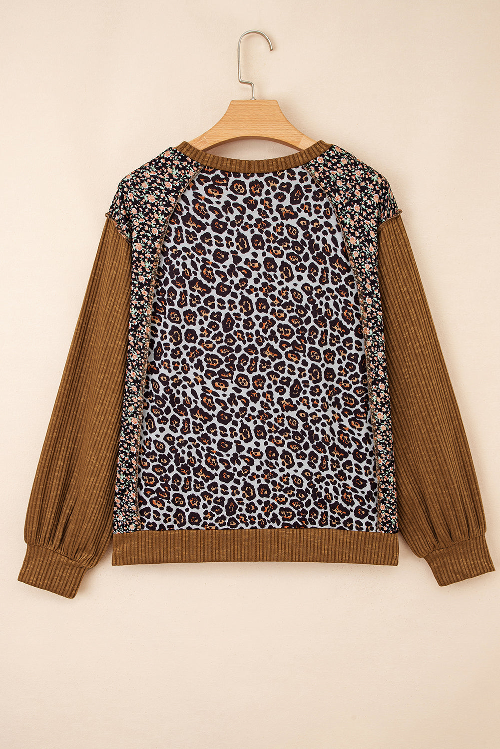Brown Leopard Floral Print Ribbed Puff Sleeve Patchwork Loose Pullover 🇺🇸