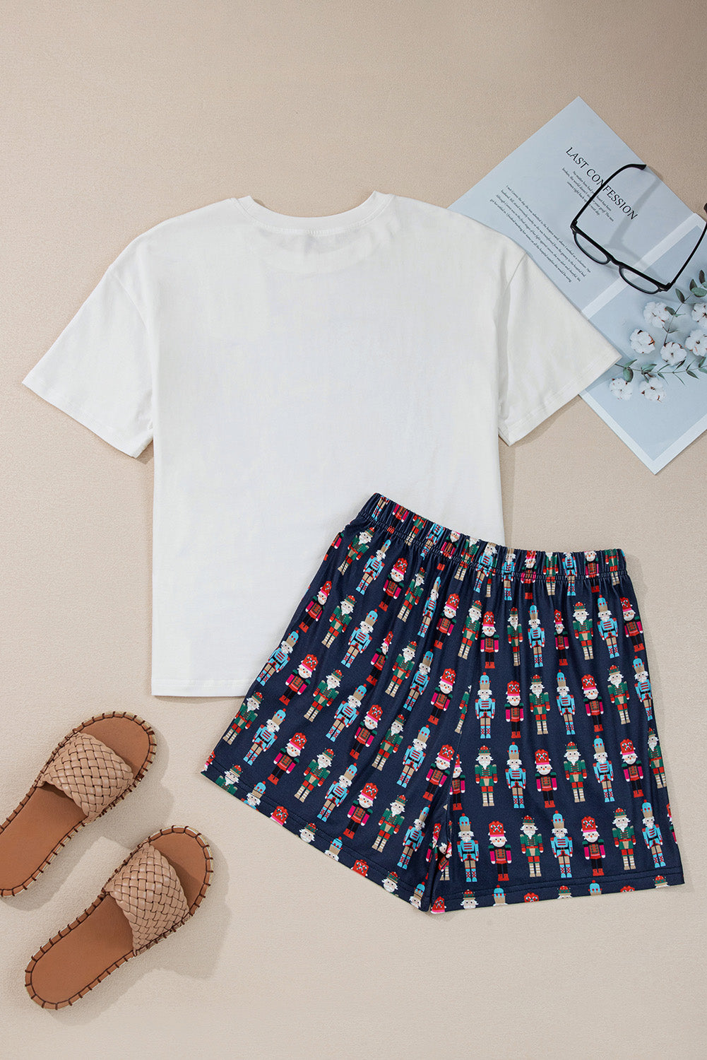 Pink Mama Claus Plaid Letter Tee Nutcracker Shorts 2pcs Lounge Set 🇺🇸