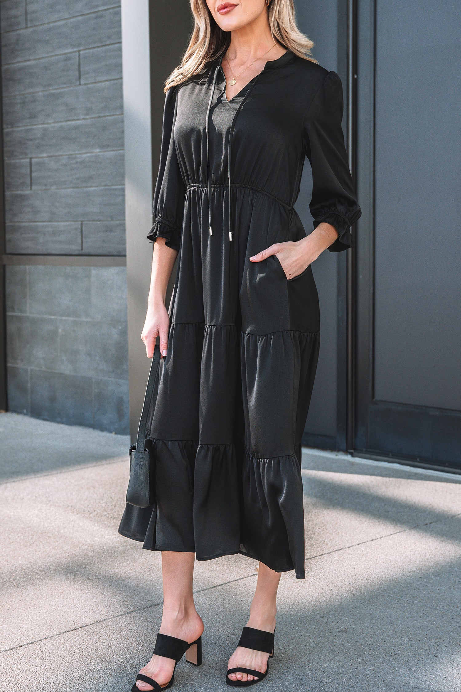 Black Flounced Bracelet Sleeve V Neck Tiered Maxi Dress 🇺🇸