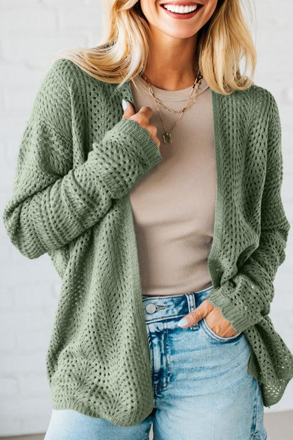 Green Bay Scalloped Edge Eyelet Knit Batwing Sleeve Cardigan 🇺🇸