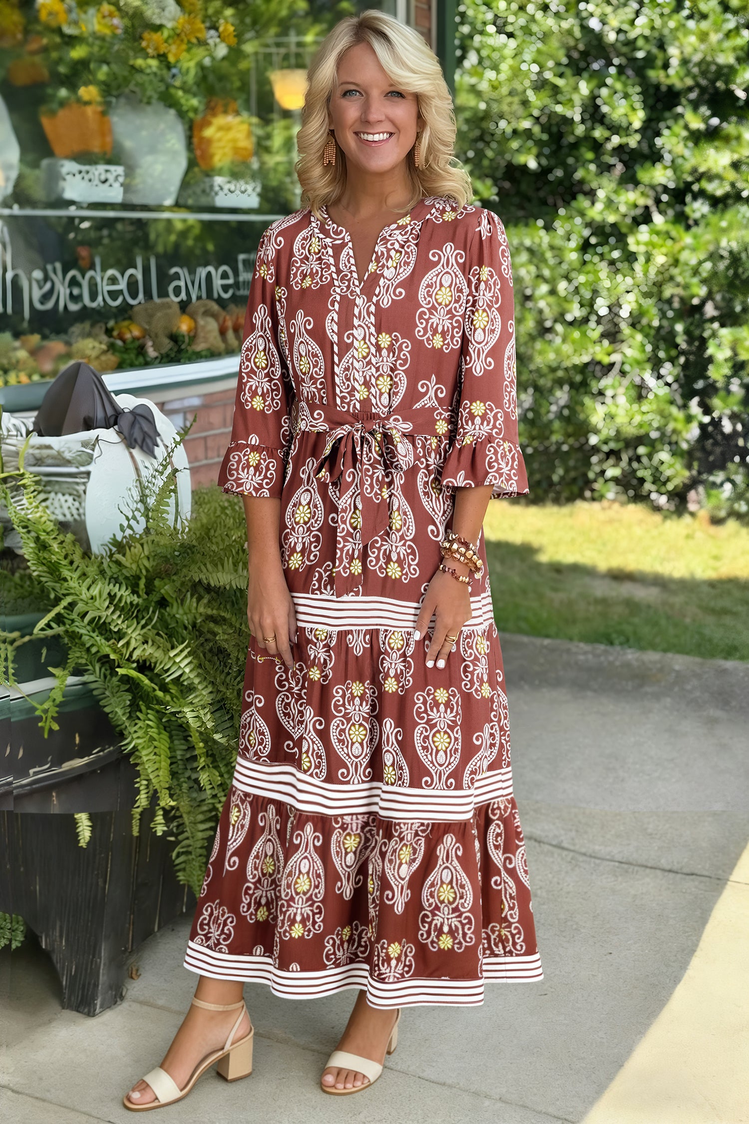 Brown Floral Print Belted Striped Trim Tiered Maxi Dress 🇺🇸