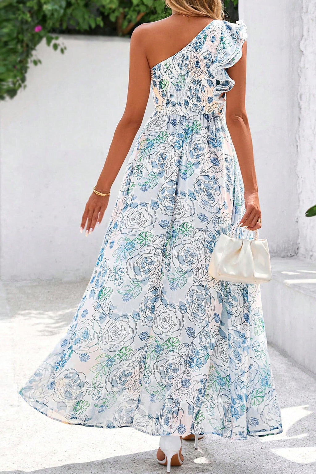 Sky Blue Floral Print Ruffled One Shoulder Vacation Maxi Dress 🇺🇸