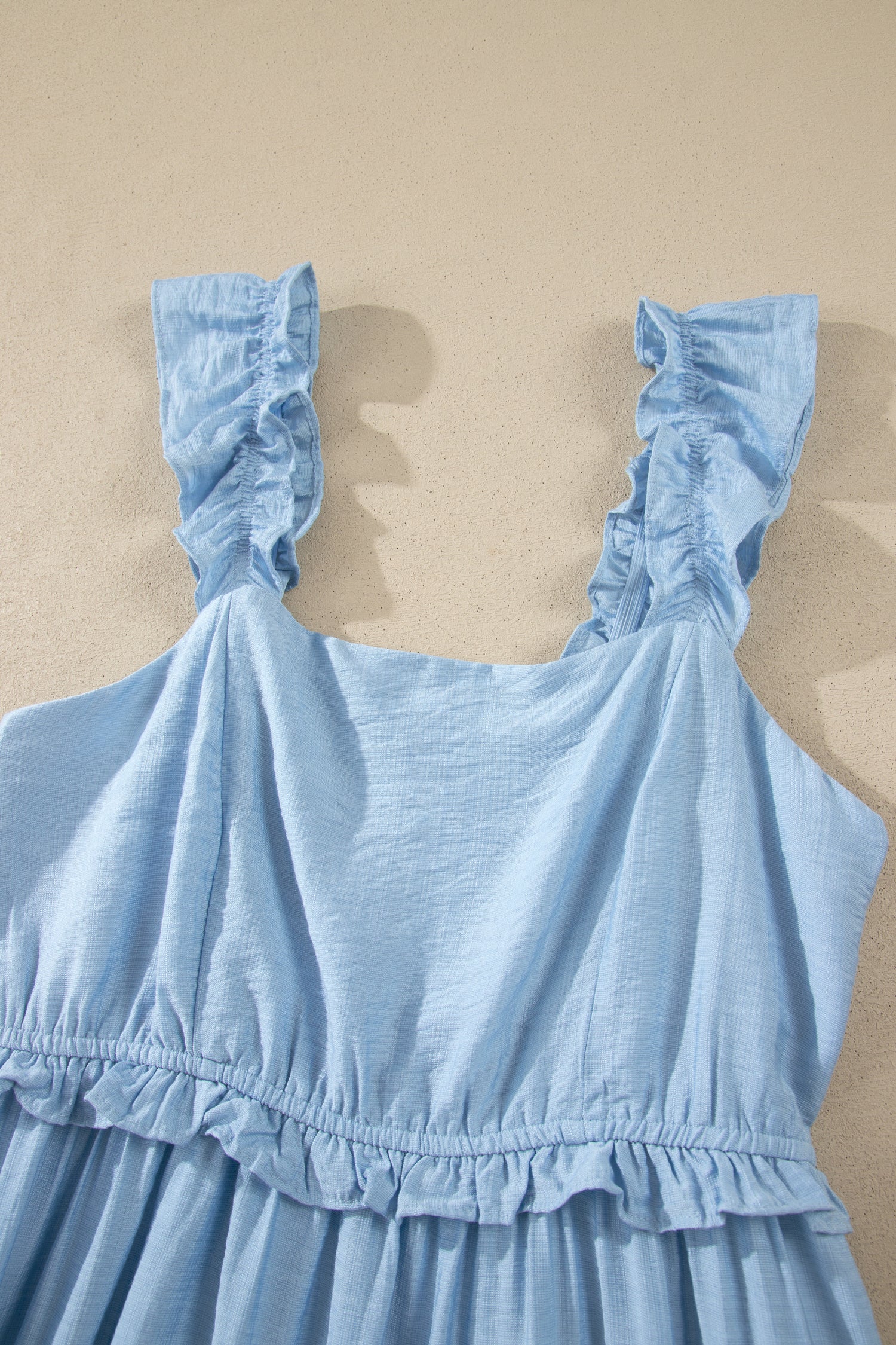 Beau Blue Solid Color Ruffle Trim High Waist Sleeveless Maxi Dress 🇺🇸