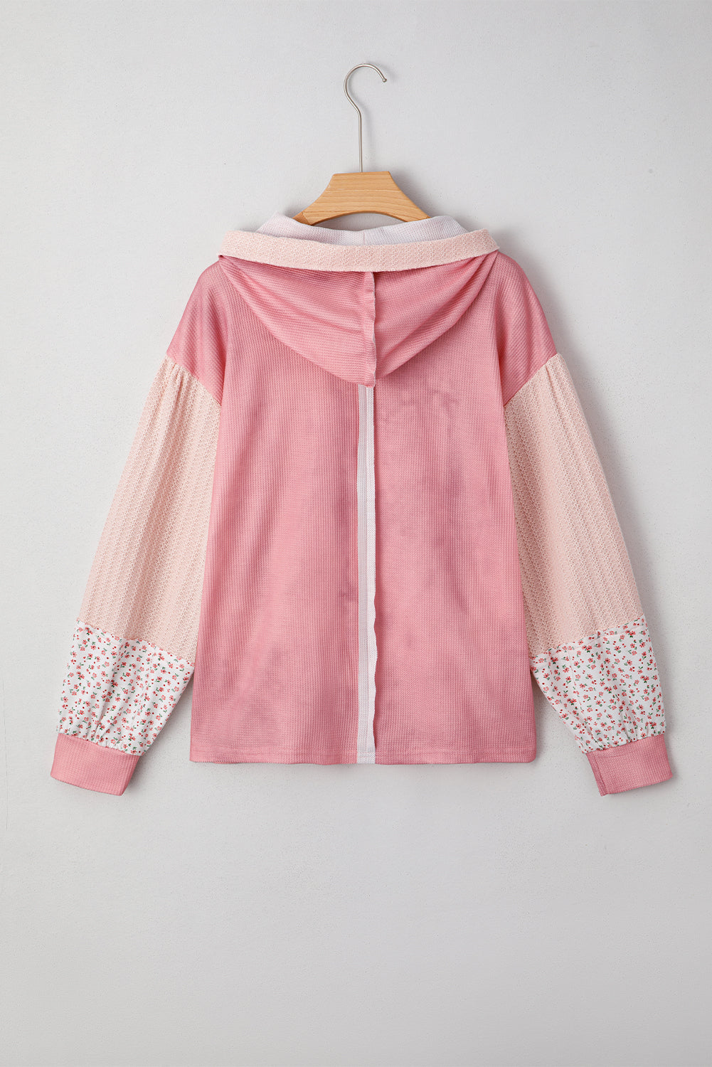 Pink Floral Patched Waffle Textured Colorblock V Neck Casual Hooded Top 🇺🇸