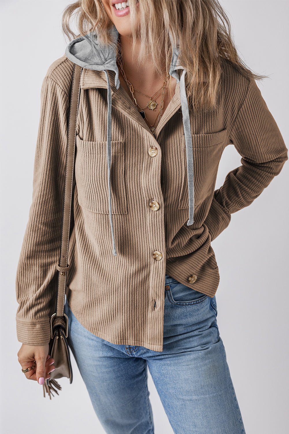 Pale Khaki Hooded Drawstring Pockets Corduroy Shacket 🇺🇸