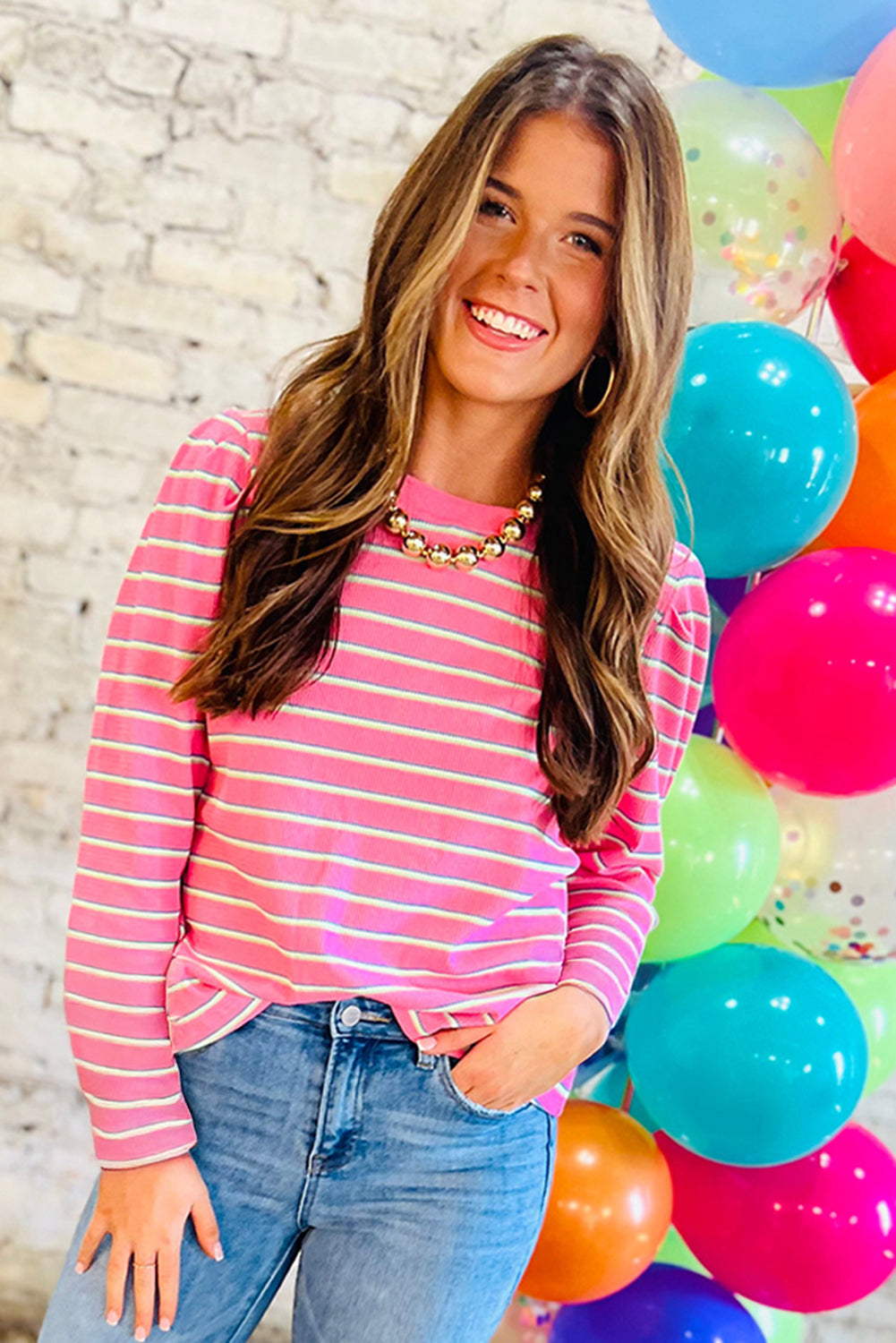 Rose Stripe Textured Knit Round Neck Long Sleeve Top 🇺🇸