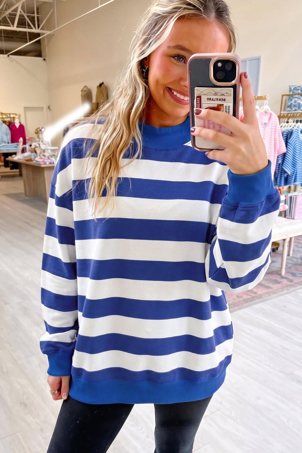 Blue Stripe Colorblock Mock Neck Relaxed Sweatshirt 🇺🇸