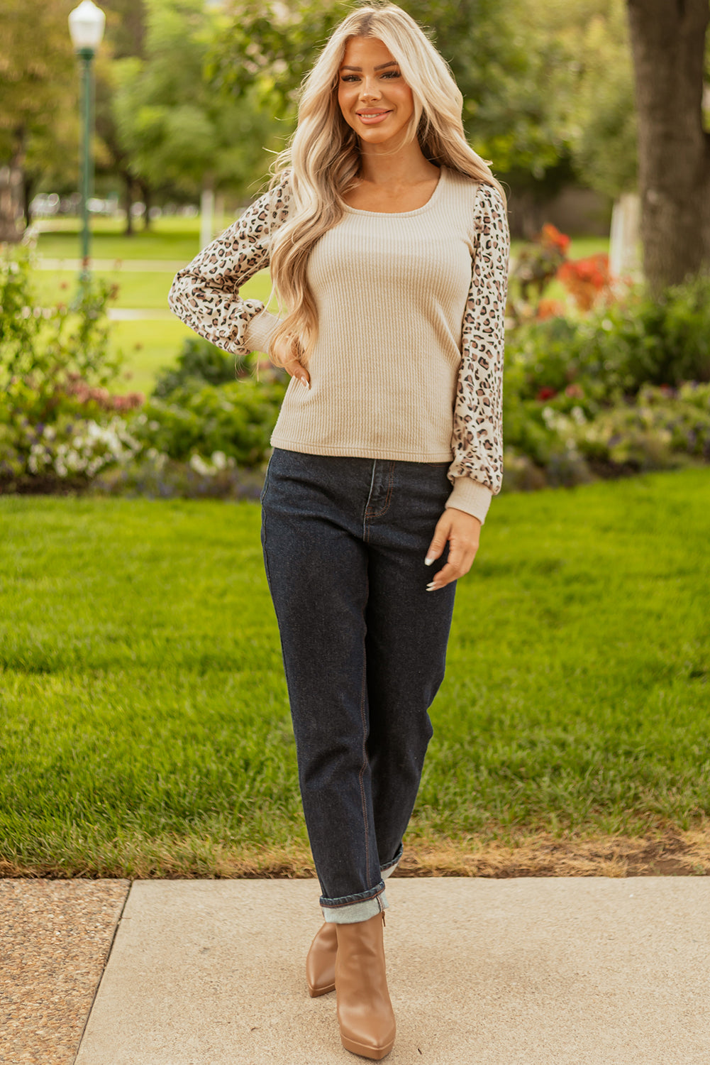 Apricot Leopard Sleeve Patchwork Ribbed Knit U Neck Top 🇺🇸