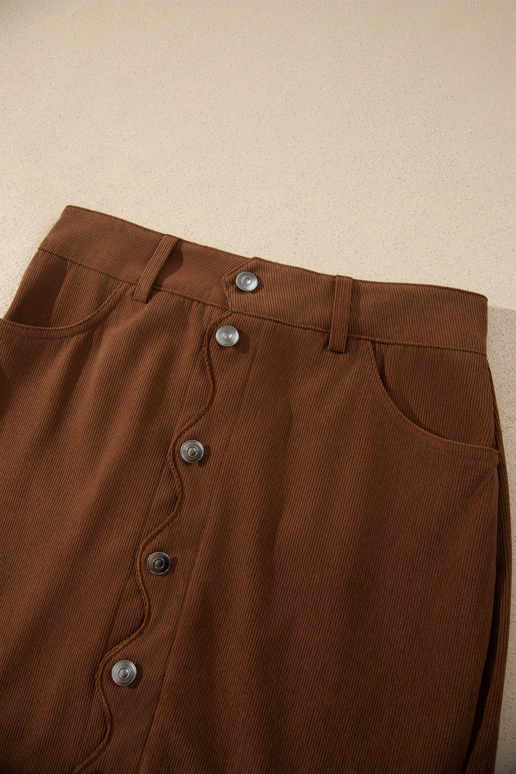 Coffee Button Front Corduroy Mini Pockets Sheath Silhouette Skirt 🇺🇸