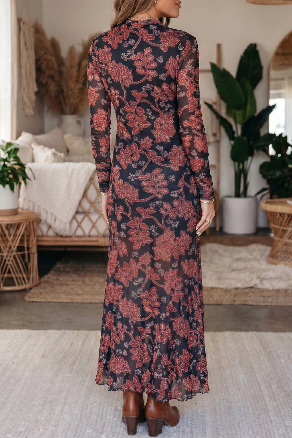 Black Retro Floral Print Long Sleeve Casual Mesh Dress 🇺🇸