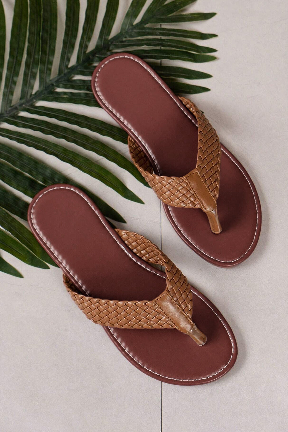 Chestnut Braided Strap PU Leather Flip Flop 🇨🇳