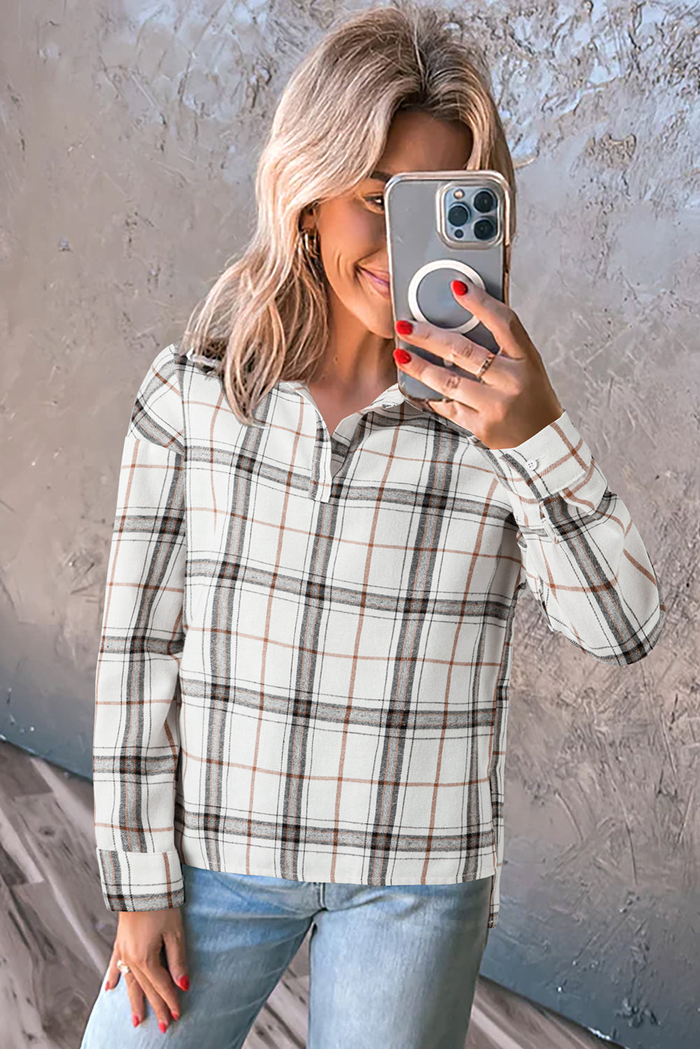 White Plaid Print Collared V Neck Loose Blouse with Side Slits 🇺🇸