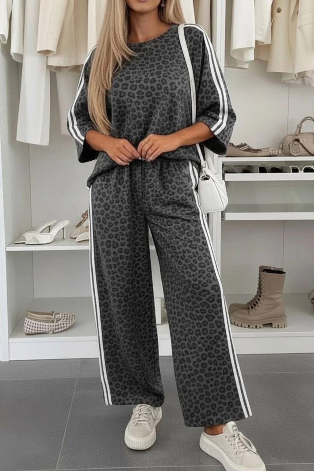 Gray Leopard Print Varsity Striped Detail 3/4 Sleeve Top Shift Pant Set 🇺🇸
