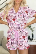 Pink Cute Ribbon Bows Printed Shirt Style 2pcs Short Pajama Set 🇺🇸