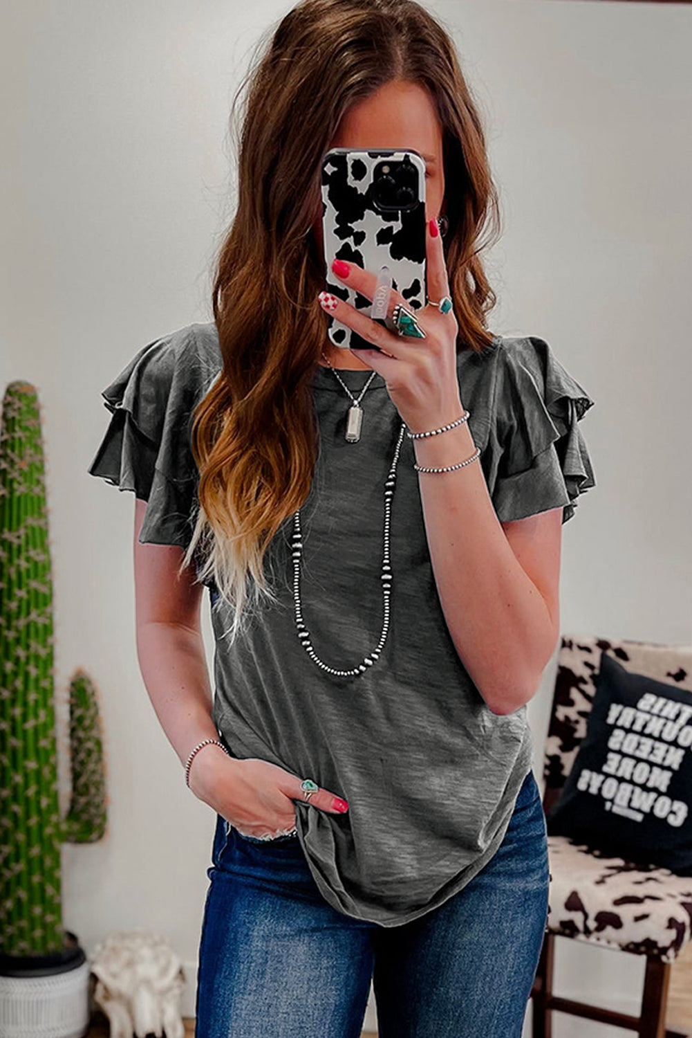 Dark Grey Layered Ruffle Short Sleeve Round Neck Top 🇨🇳