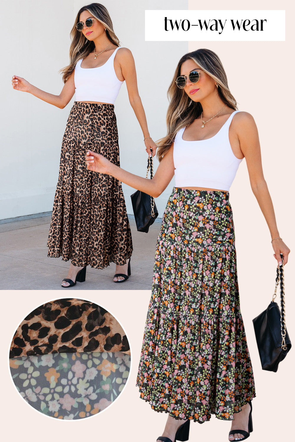 Brown Leopard Floral Reversible Ruffle Hem Maxi Skirt 🇨🇳