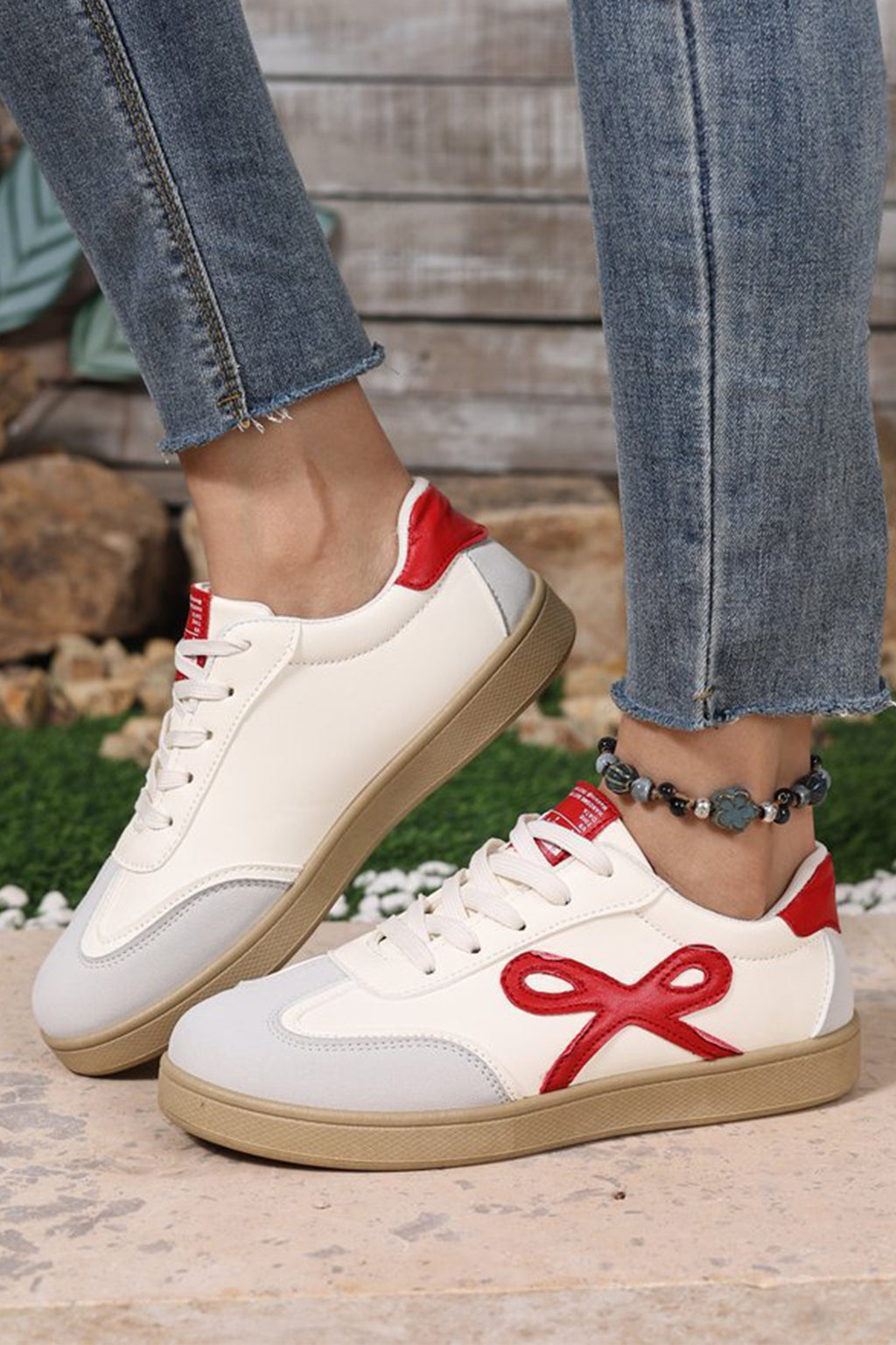 Pink Cute Bow Patch Color Block PU Leather Sneakers 🇺🇸