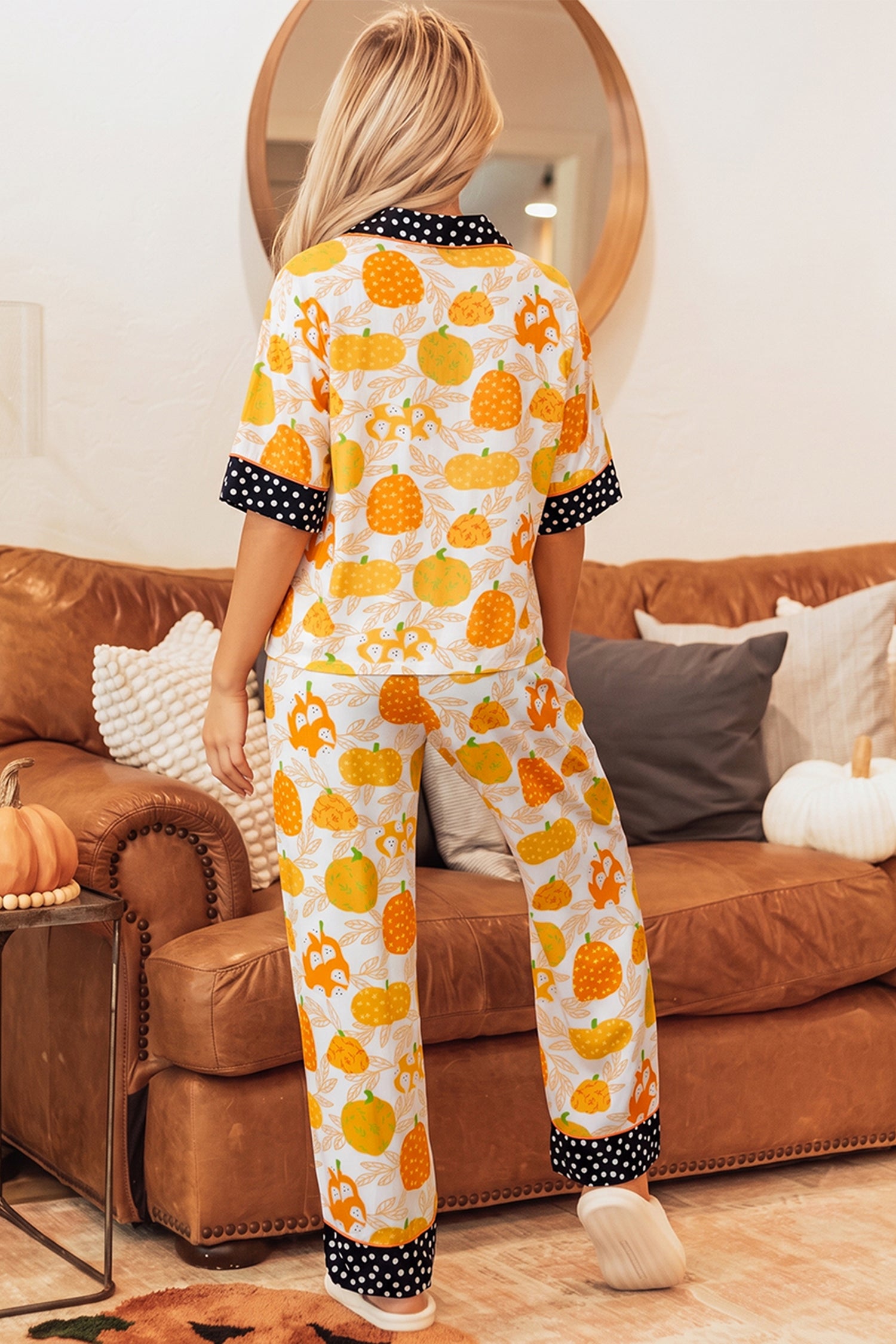 Orange Short Sleeve Pumpkin Print Polka Dot Trim Pocket Pocket Placket Lounge Set 🇺🇸