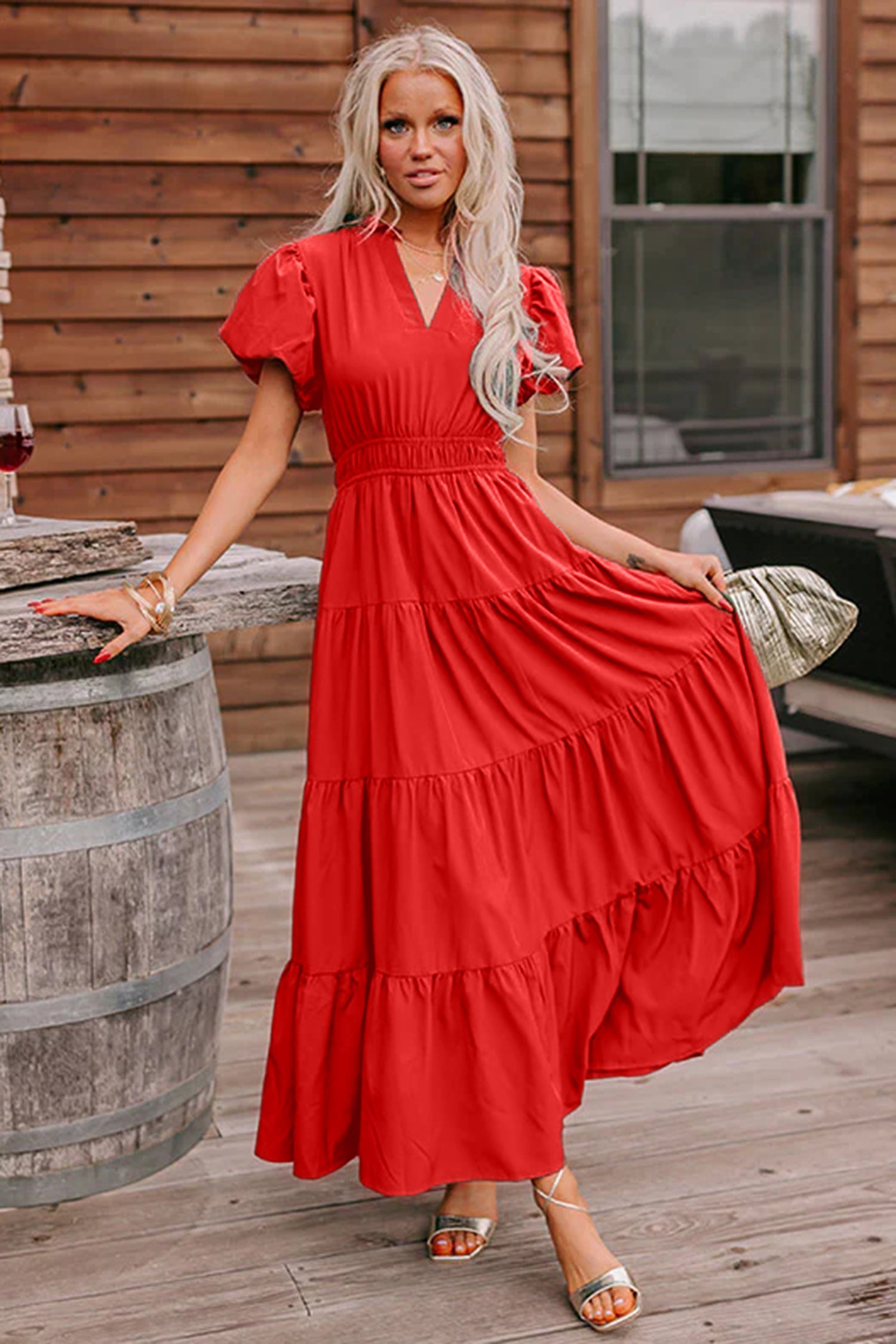 Coral Solid Color V Neck Short Puff Sleeve High Waist Tiered Maxi Dress 🇺🇸